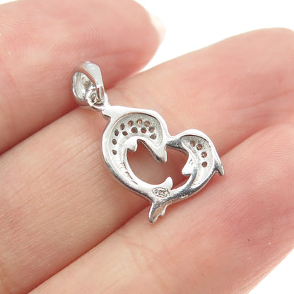 925 Sterling Silver Round-Cut C Z Dolphin Couple Heart Pendant