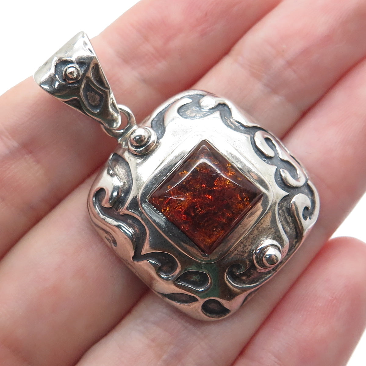 SILPADA 925 Sterling Silver Vintage Real Amber Ornate Oxidized Pendant