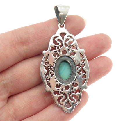 925 Sterling Silver Vintage Real Carico Lake Turquoise Swirl Oxidized Pendant