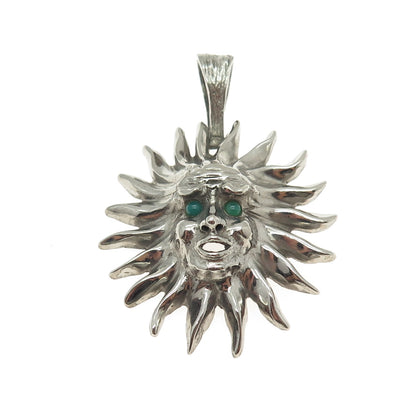 925 Sterling Silver Vintage Real Green Onyx Sun Face Oxidized Pendant