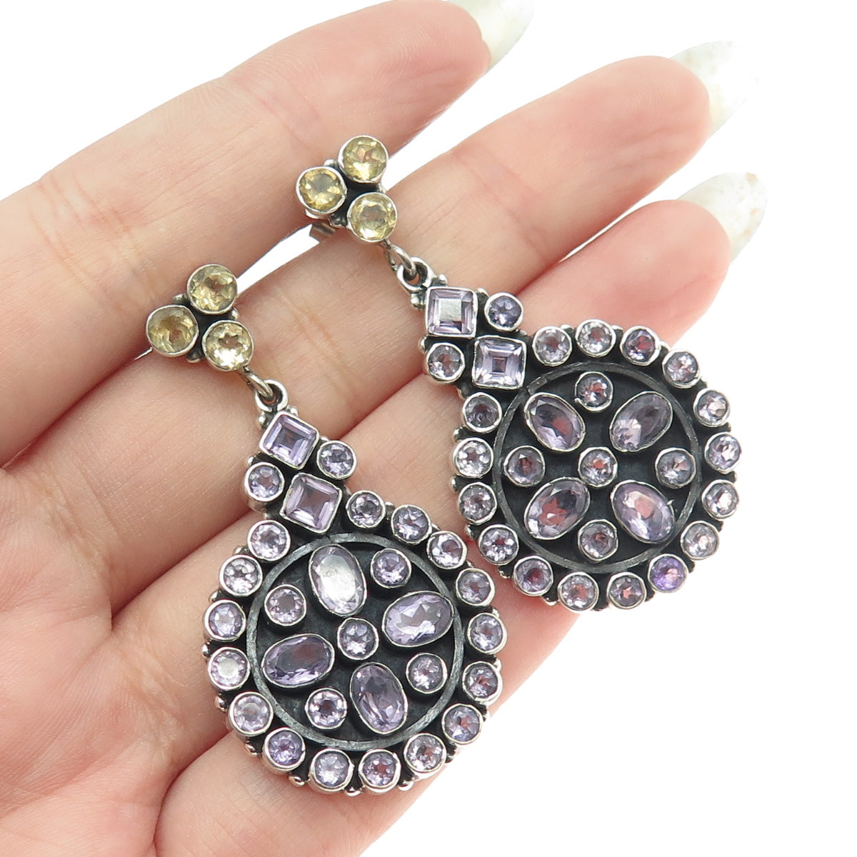 925 Sterling Silver Vintage Real Multi-Cut Amethyst & Citrine Dangling Earrings