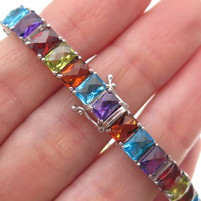 JH Young 925 Sterling Silver Real Radiant-Cut Multi-Color Gem Bracelet 6.5"