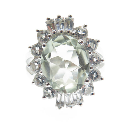 925 Sterling Silver Real Green Amethyst & White Topaz Ring Size 7