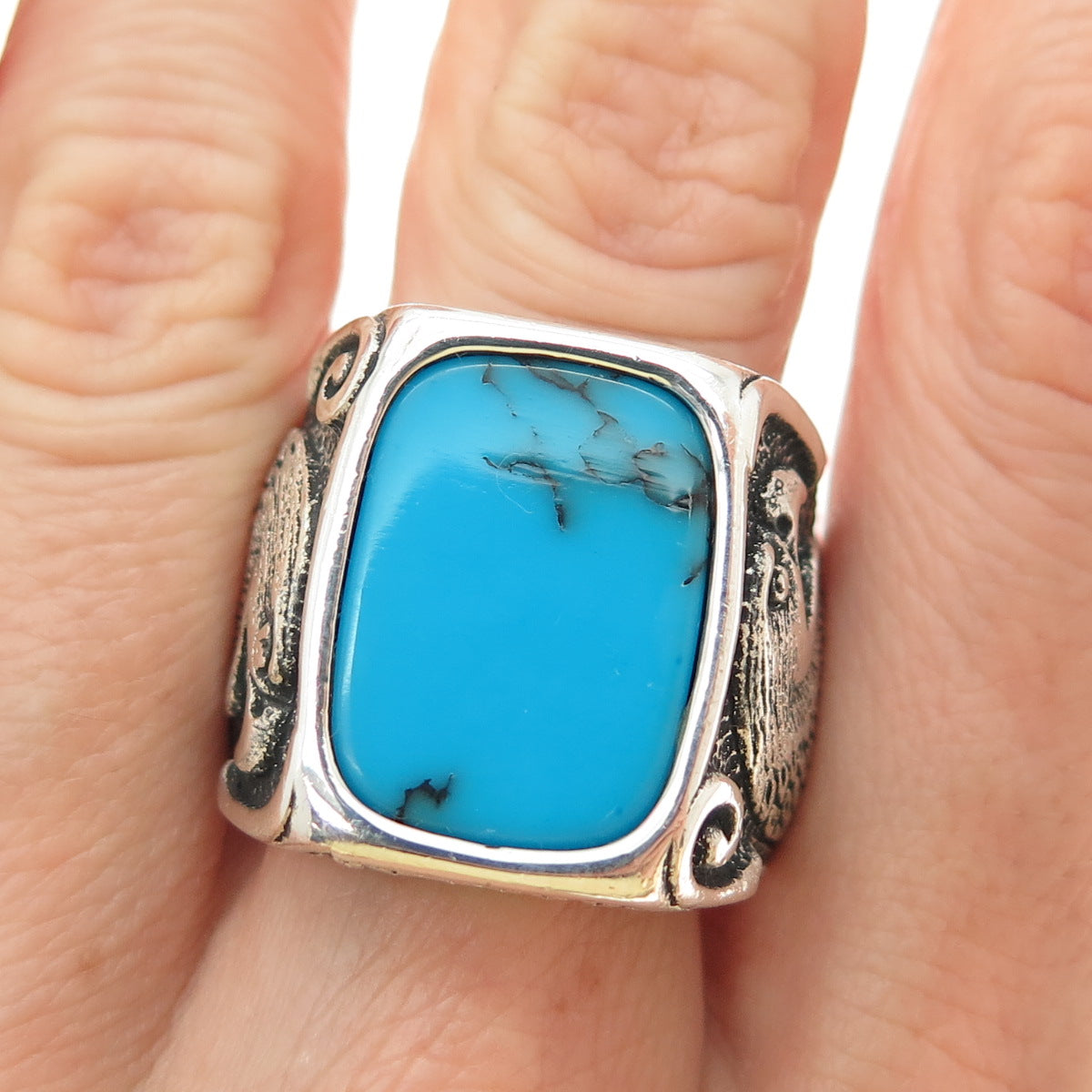 925 Sterling Silver Vintage Real Bisbee Turquoise Eagle Oxidized Ring Size 11.25