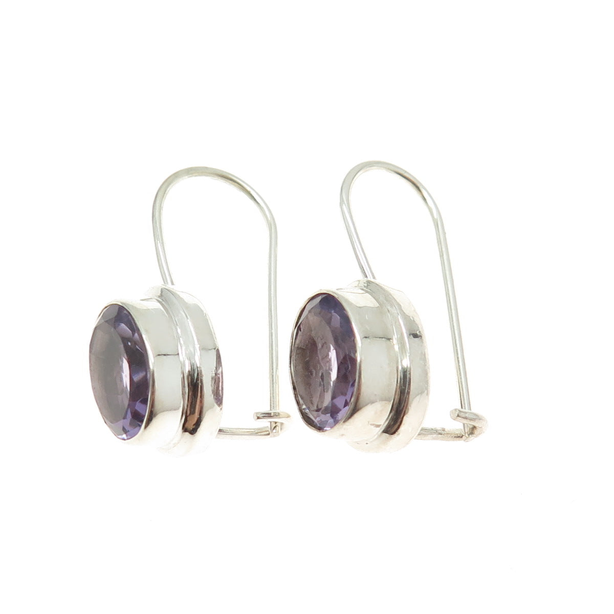 925 Sterling Silver Vintage Real Oval-Cut Amethyst French Wire Earrings