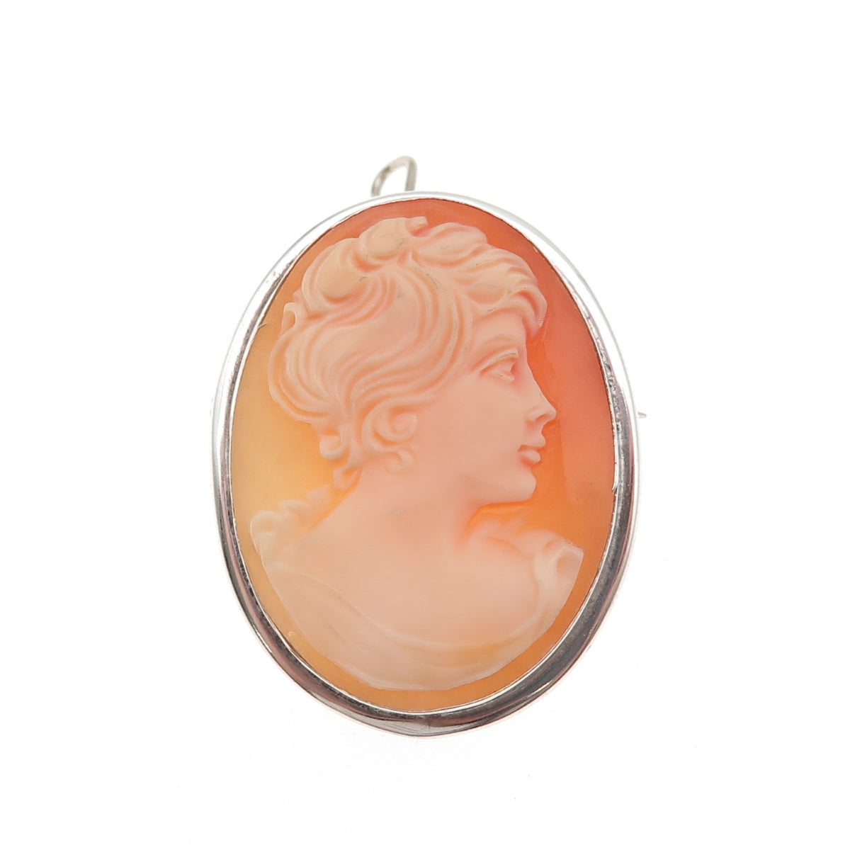 800 Silver Vintage Real MOP Carved Lady Cameo Pin Brooch / Pendant