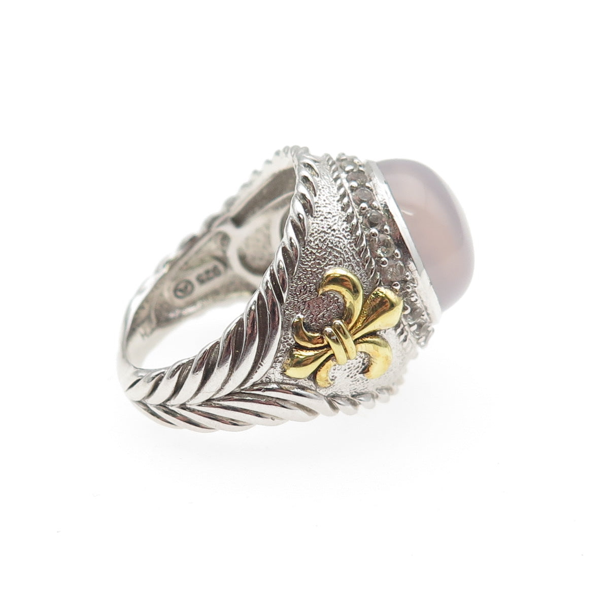 925 Sterling Silver 2-Tone Real Moonstone & White Topaz Ring Size 6