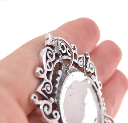 925 Sterling Silver Vintage Black Onyx & Carnelian Ethnic Oxidized Slide Pendant