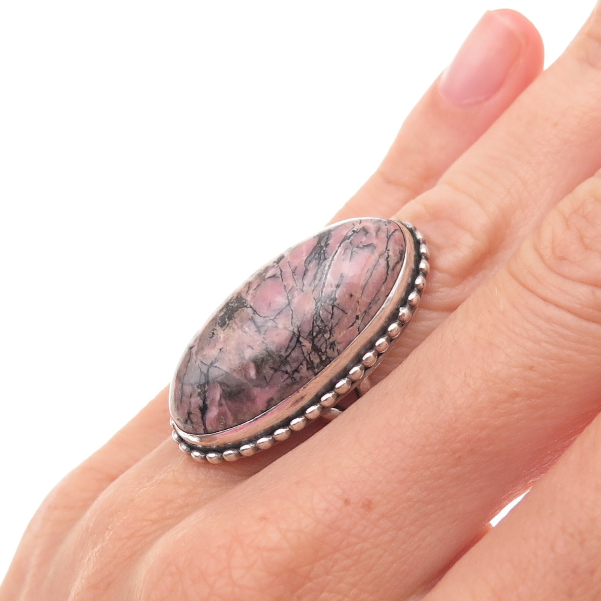 Old Pawn 925 Sterling Silver Vintage Southwestern Rhodonite Ring Size 3.75