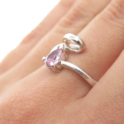 925 Sterling Silver Vintage Real Pear-Cut Pink Topaz Modernist Ring Size 6.75