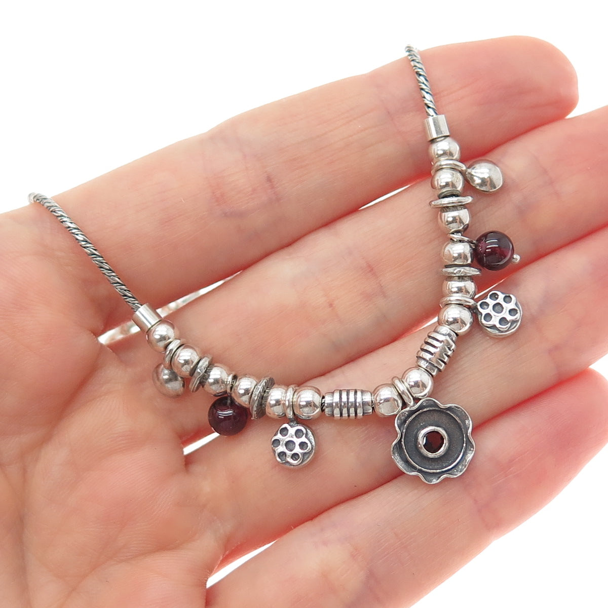 925 Sterling Silver Vintage Real Garnet Tourmaline Modernist Chain Necklace 18"