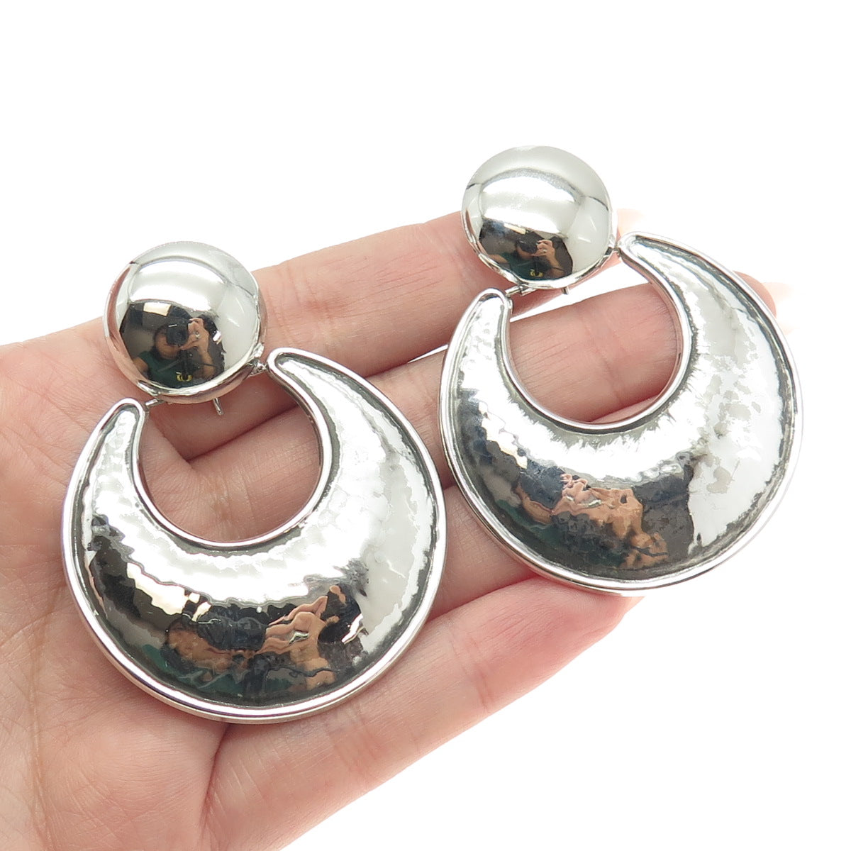 925 Sterling Silver Vintage Italy Hammered Finish Door Knocker Earrings