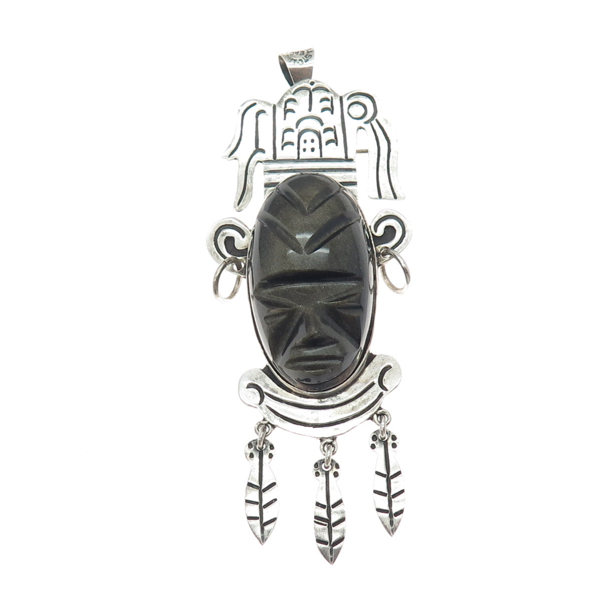 925 Sterling Vintage Mexico Real Golden Sheen Obsidian Carved Tribal God Pendant