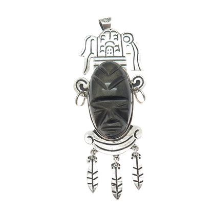 925 Sterling Vintage Mexico Real Golden Sheen Obsidian Carved Tribal God Pendant
