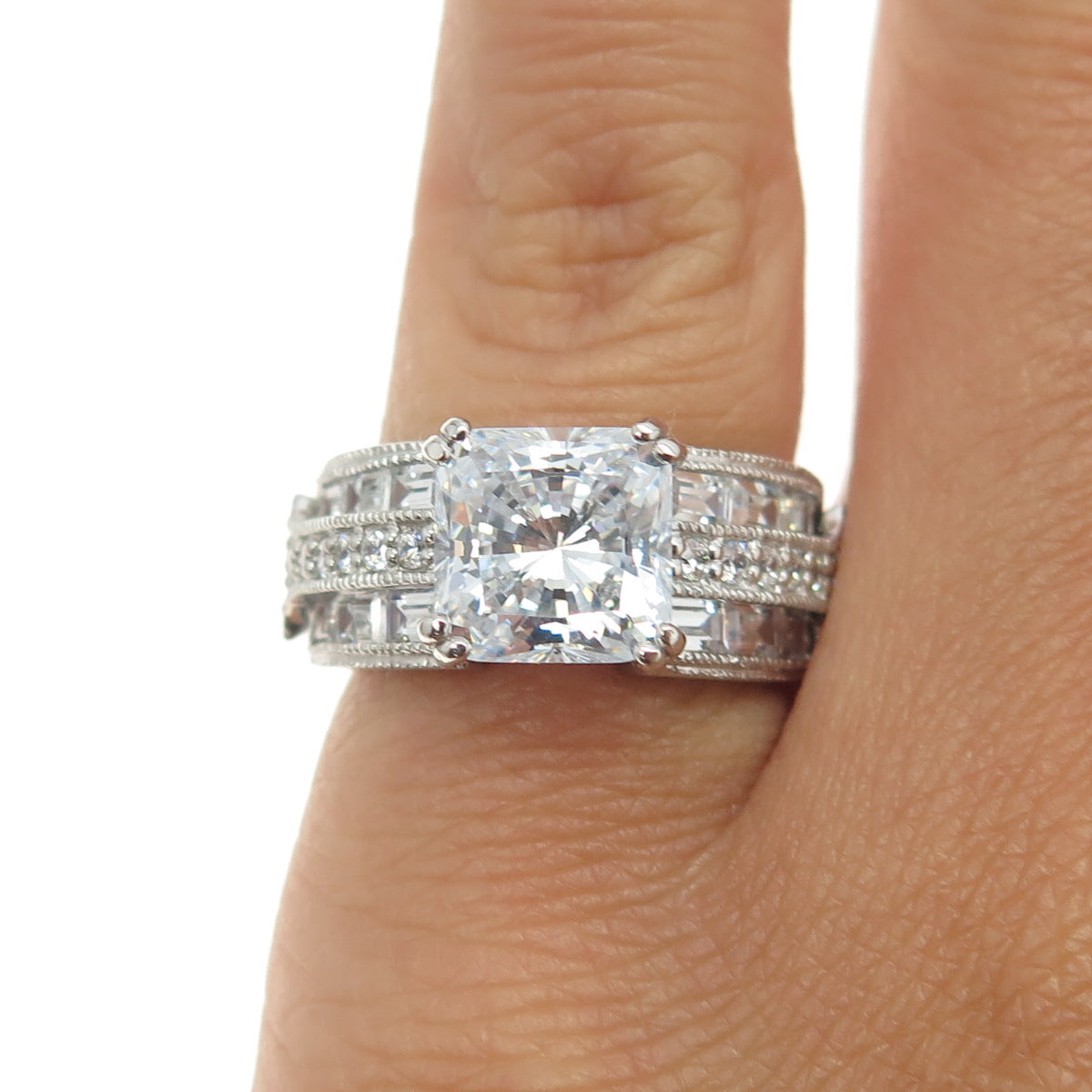 925 Sterling Silver Princess-Cut Round-Cut & Emerald-Cut Shaped C Z Ring Size 5