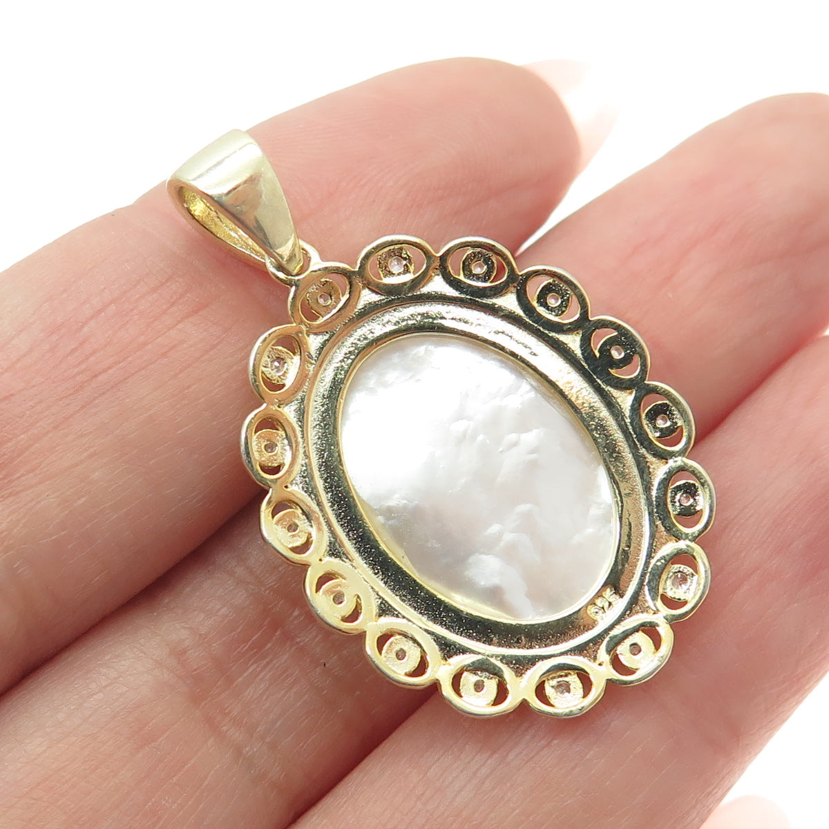 925 Sterling Silver Gold Plated Mother-of-Pearl & C Z Religious Theme Pendant