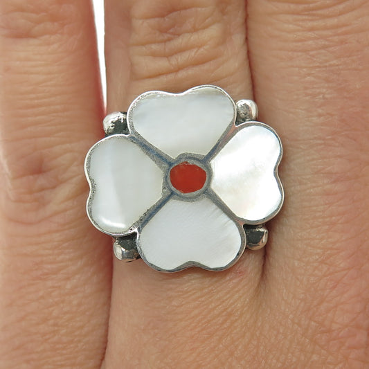 FIA Zuni Old Pawn 925 Sterling Vintage Mother-of-Pearl & Coral Ring Size 6.75