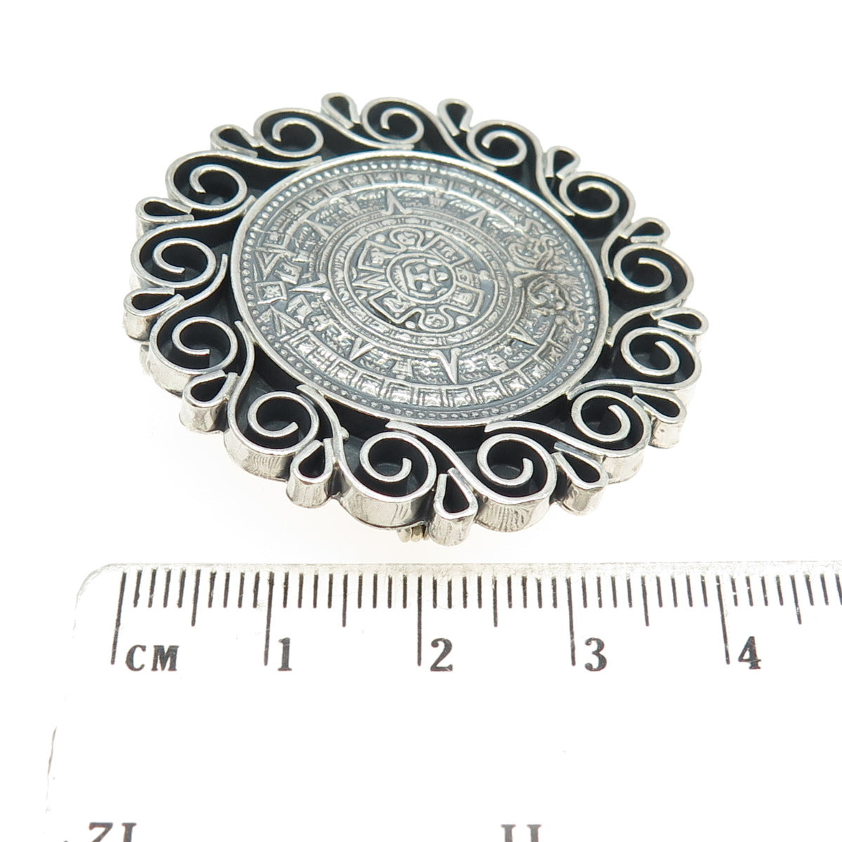 925 Sterling Silver Vintage Mexico Mayan Calendar Ornate Pin Brooch Pendant