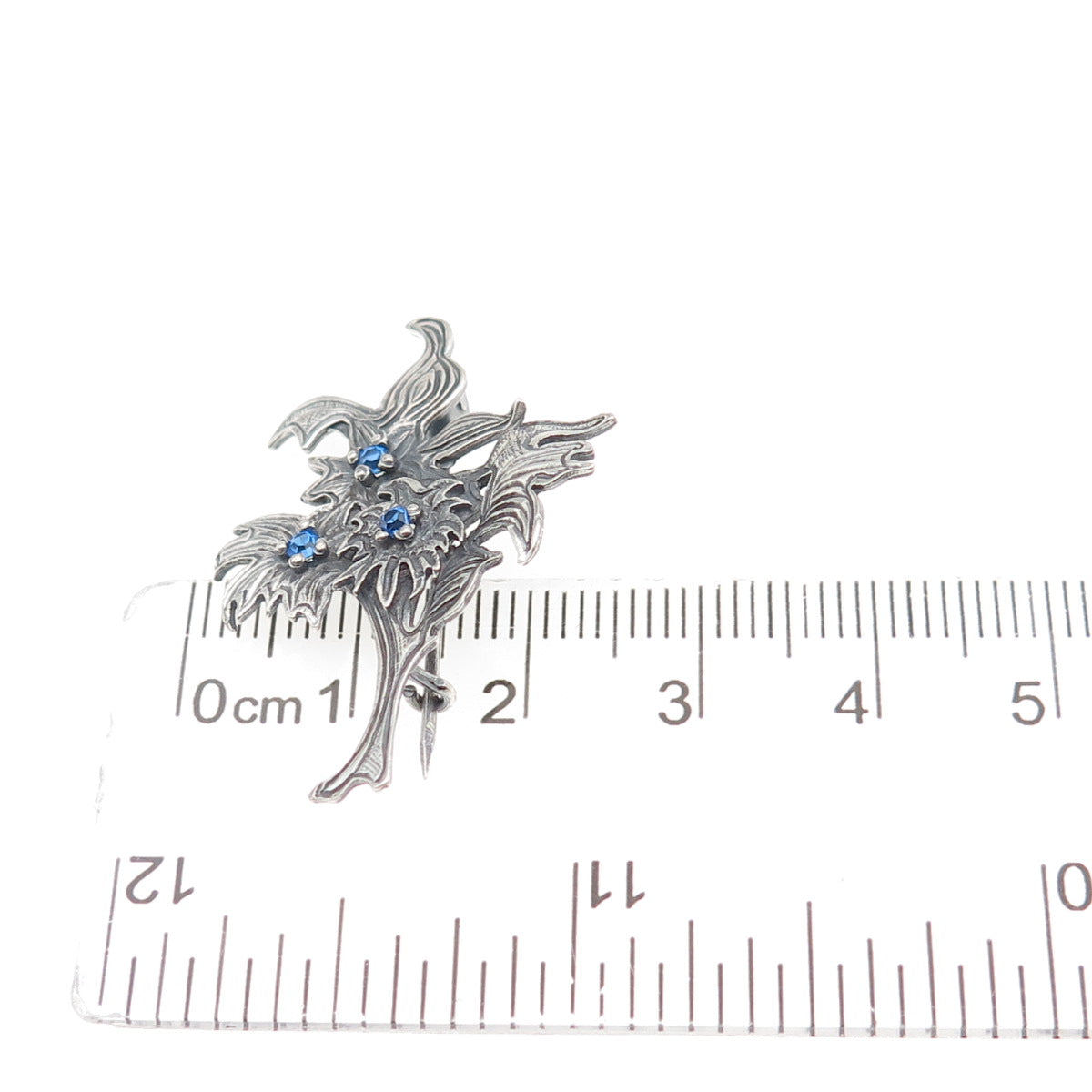 925 Sterling Silver Vintage Poland Blue Rhinestone Flower Oxidized Pin Brooch