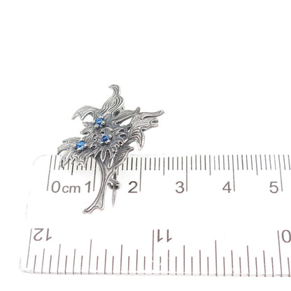 925 Sterling Silver Vintage Poland Blue Rhinestone Flower Oxidized Pin Brooch