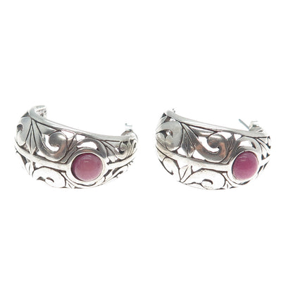 JEZLAINE 925 Sterling Silver Vintage Real Rhodonite Gem Floral Oxidized Earrings