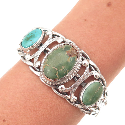 Old Pawn 925 Sterling Silver Vintage Multi-Turquoise Adjustable Bracelet 6.5"