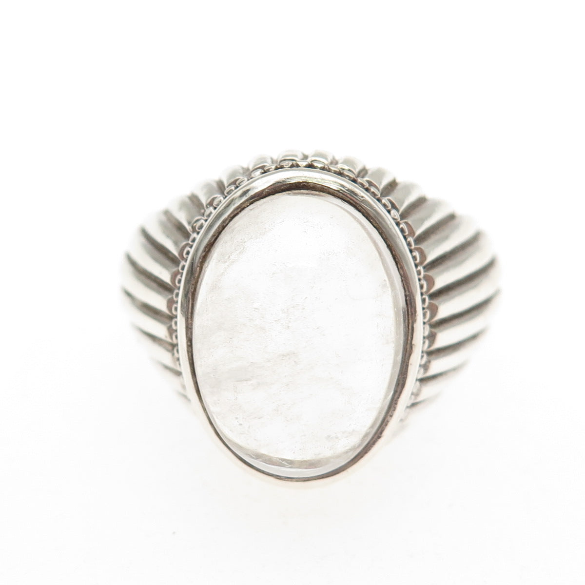 925 Sterling Silver Vintage Real Clear Quartz Modernist Oxidized Ring Size 9.75