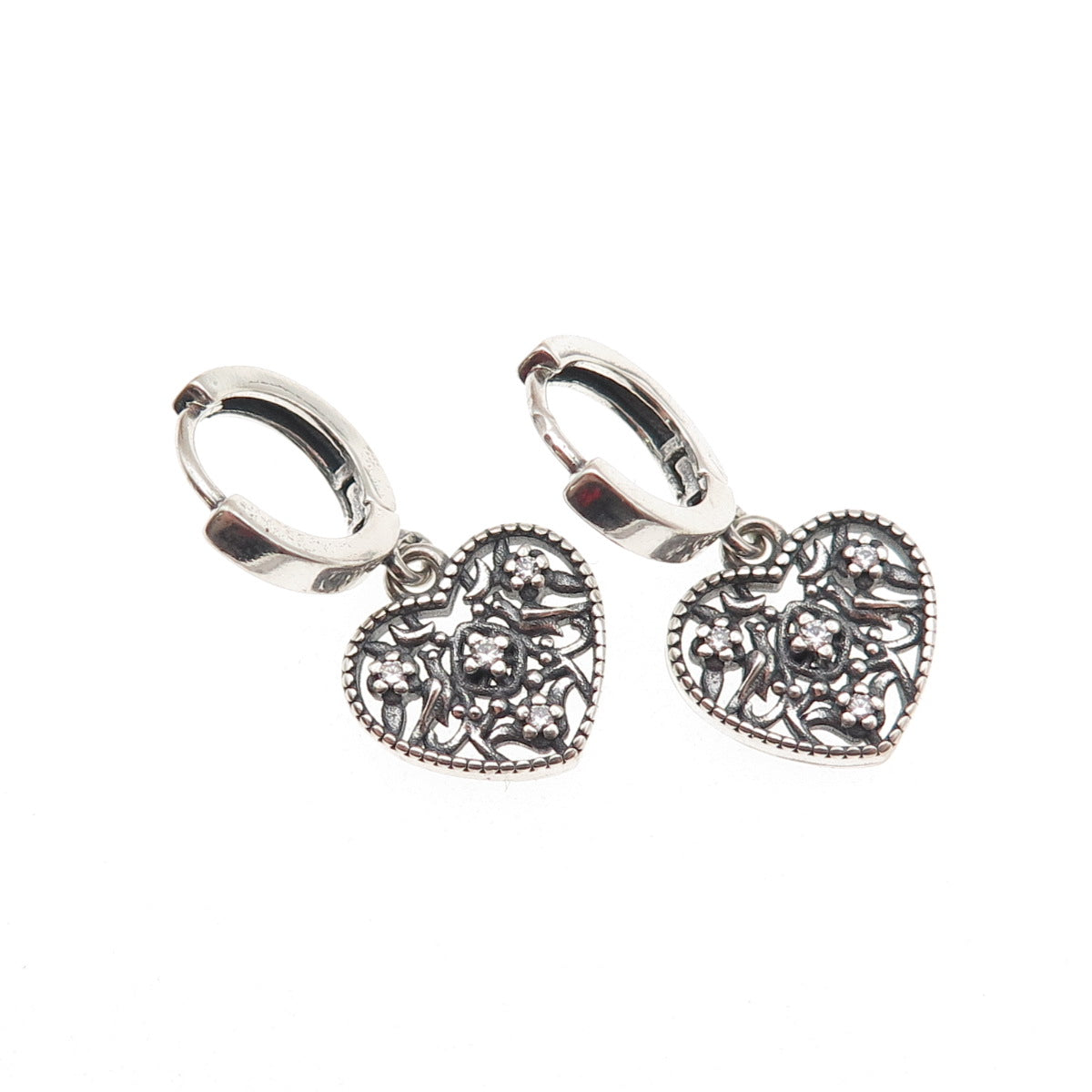 925 Sterling Silver Round-Cut C Z Oxidized Heart Dangle Charm Hoop Earrings