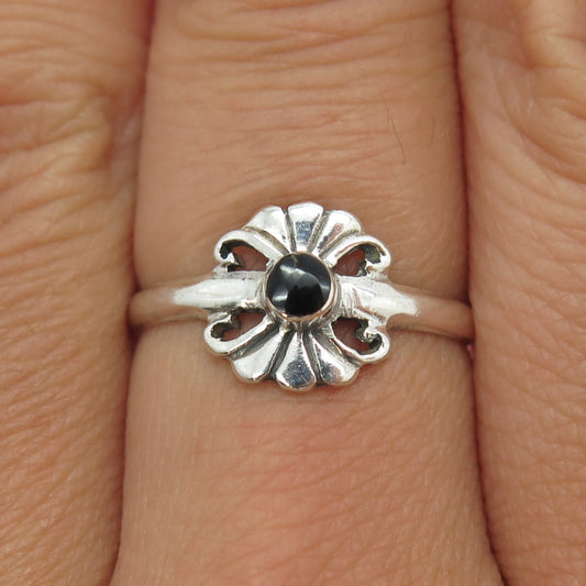 925 Sterling Silver Vintage Southwestern Real Black Onyx Floral Ring Size 7.5