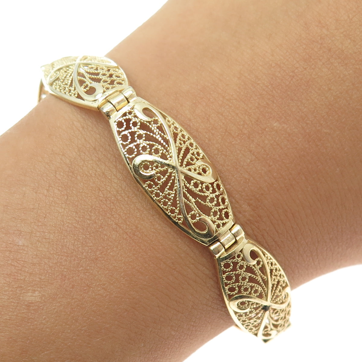 925 Sterling Silver Gold Plated Filigree Panel Link Bracelet 8"