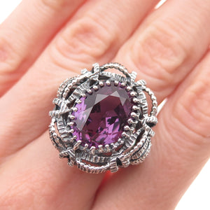925 Sterling Silver Vintage Lab-Created Peacock Sapphire Oxidized Ring Size 7.5
