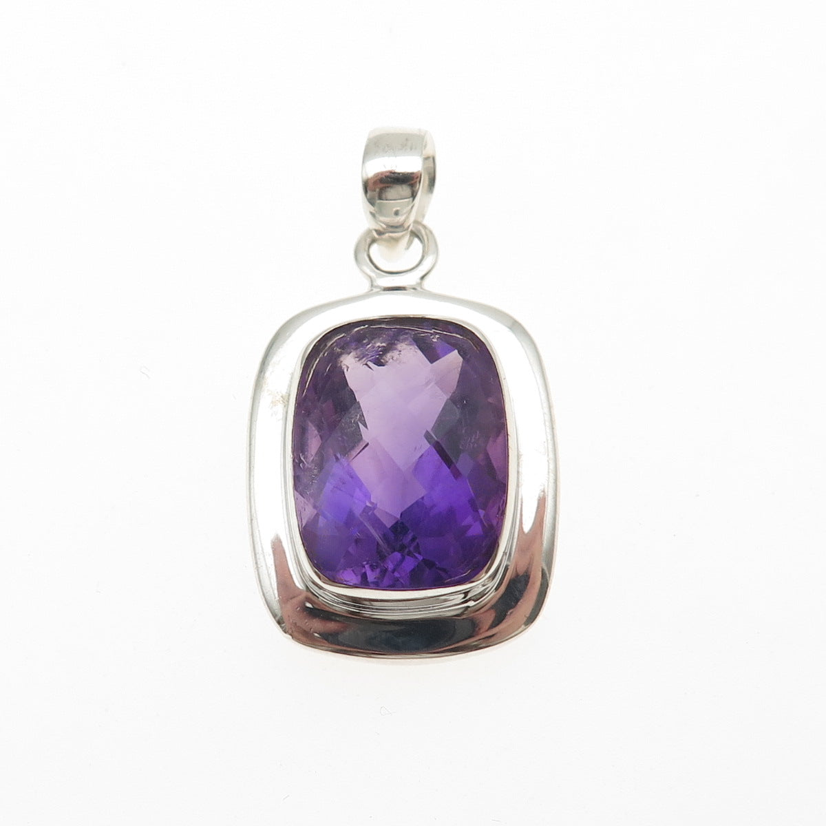925 Sterling Silver Vintage Real Cushion-Cut Amethyst Charm Pendant