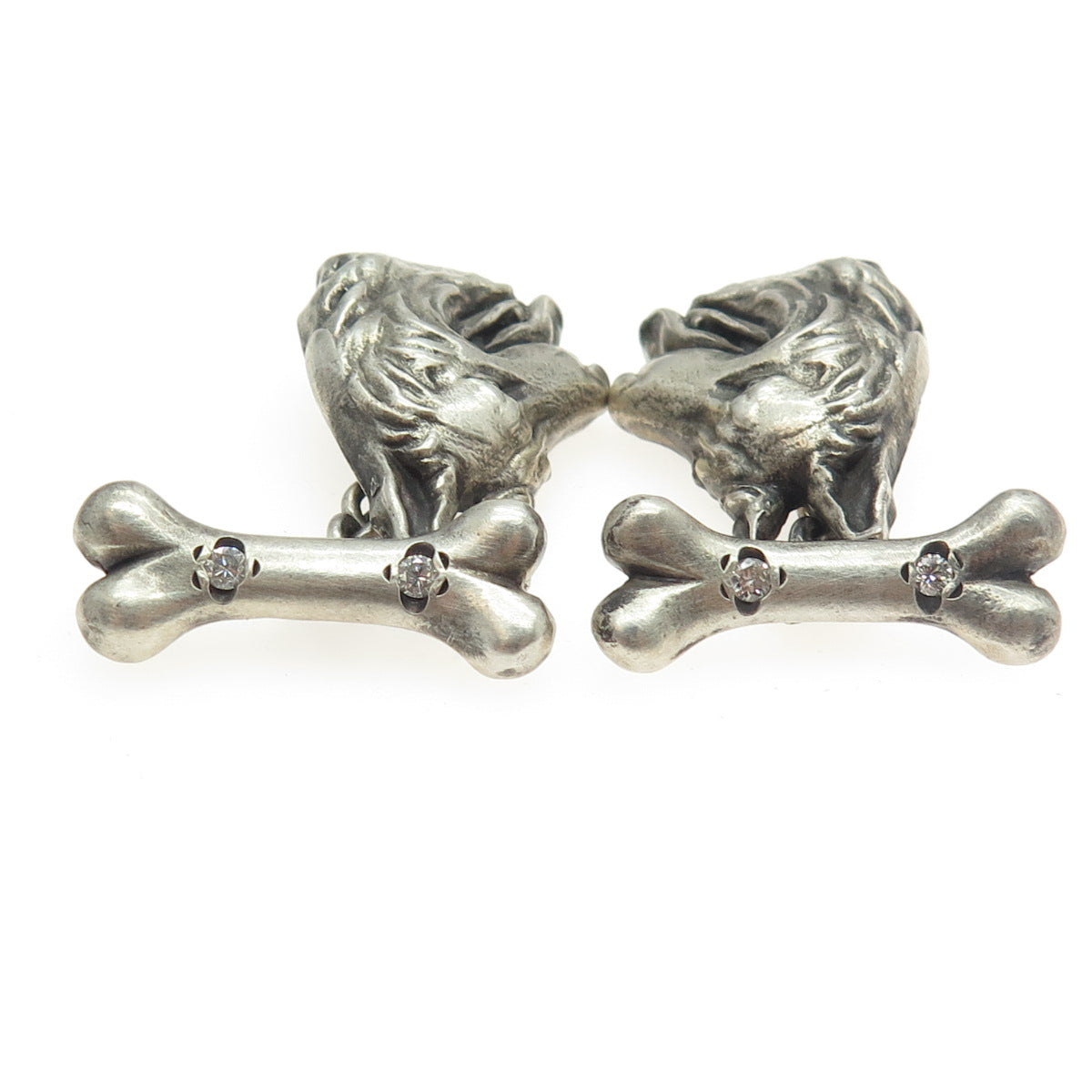 925 Sterling Silver Vintage Real Round-Cut Diamond K9 German Shepherd Cufflinks