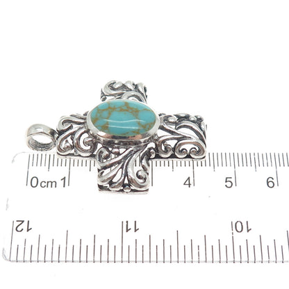 925 Sterling Silver Vintage Real Lone Mountain Turquoise Cross Charm Pendant