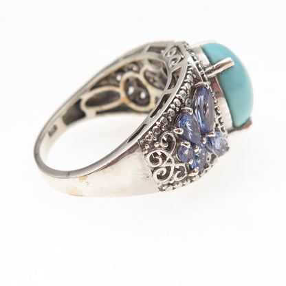 Chuck Clemency Sterling Silver Real Diamond Turquoise & Tanzanite Ring Size 8.25