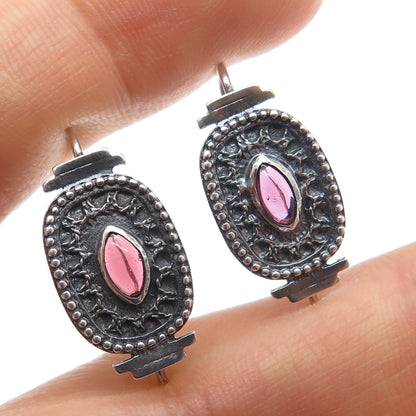 925 Sterling Silver Vintage Real Marquise-Cut Amethyst Oxidized Earrings