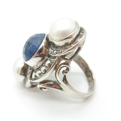 NICKY BUTLER 925 Sterling Silver Vintage Real Pearl & Sapphire Gem Ring Size 6