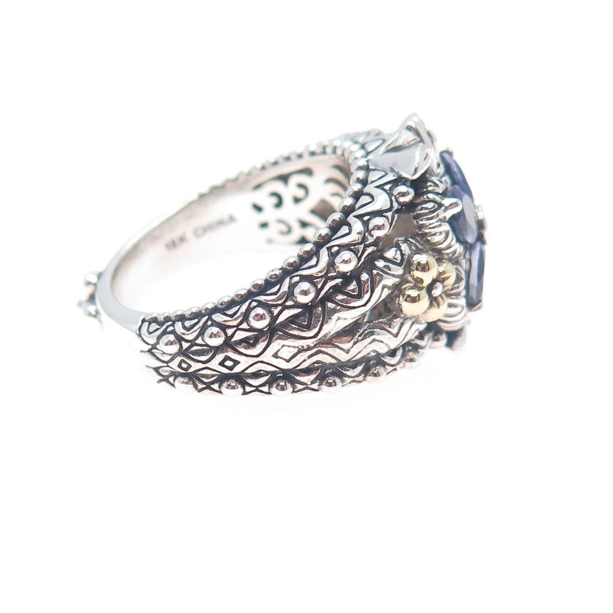 BARBARA BIXBY 18K Gold Sterling Silver Real White Topaz & Iolite Ring Size 8.25