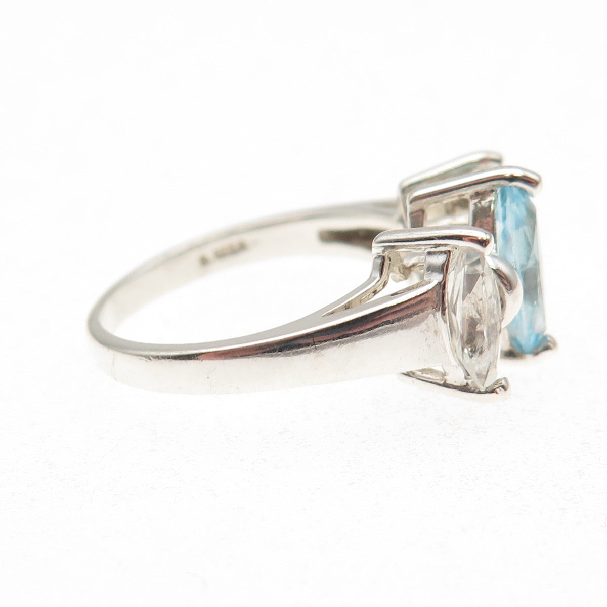 925 Sterling Silver Vintage Real Marquise-Cut Blue & White Topaz Ring Size 7.25