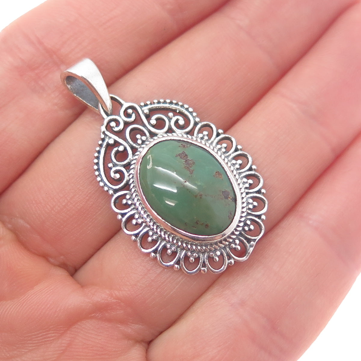 925 Sterling Silver Vintage Real Royston Turquoise Ornate Charm Pendant