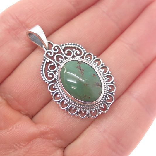925 Sterling Silver Vintage Real Royston Turquoise Ornate Charm Pendant