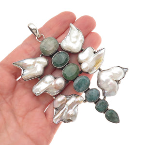 925 Sterling Vintage Real Baroque Pearl & Emerald Modernist Large 55.8g Pendant