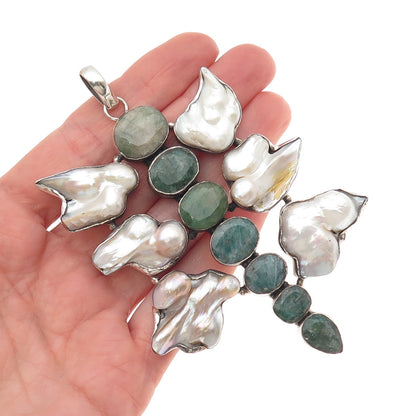 925 Sterling Vintage Real Baroque Pearl & Emerald Modernist Large 55.8g Pendant