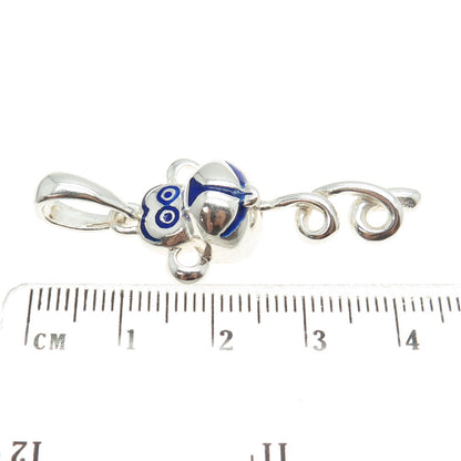 925 Sterling Silver Vintage Italy Blue Enamel Monkey Pendant