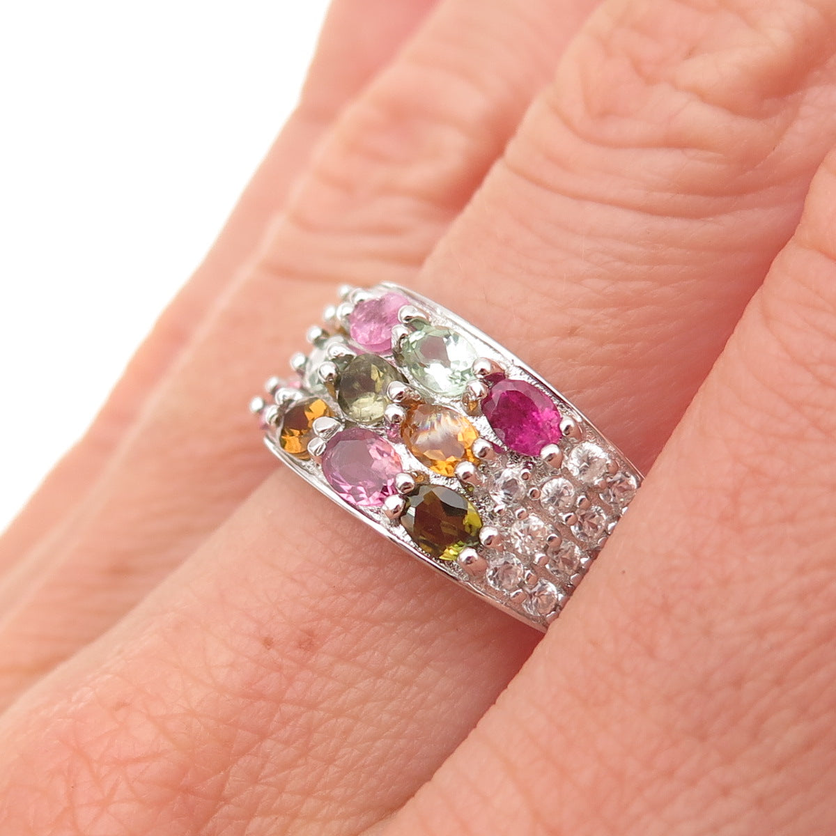 925 Sterling Silver Real Multi-Color Tourmaline & White Topaz Ring Size 7.25