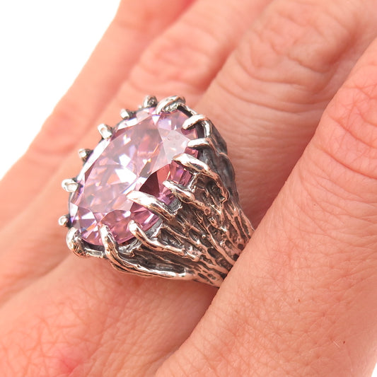 925 Sterling Silver Vintage Pink C Z Modernist Oxidized Ring Size 8.75