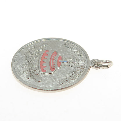 WELLS 925 Sterling Silver Antique Enamel "Happy Birthday" Cake Charm Pendant