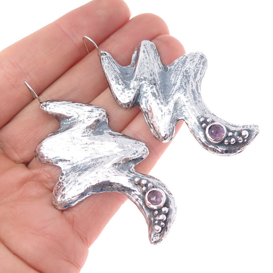 925 Sterling Silver Vintage Amethyst Modernist Zig Zag Oxidized Dangle Earrings