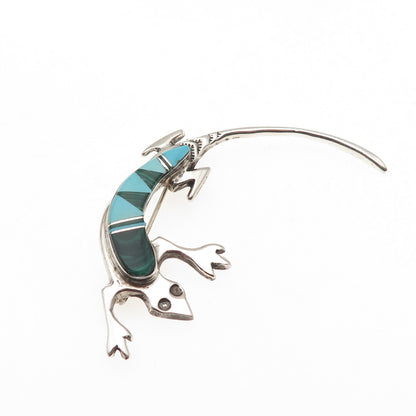 Arnold Maloney Navajo Old Pawn 925 Sterling Turquoise & Malachite Lizard Brooch