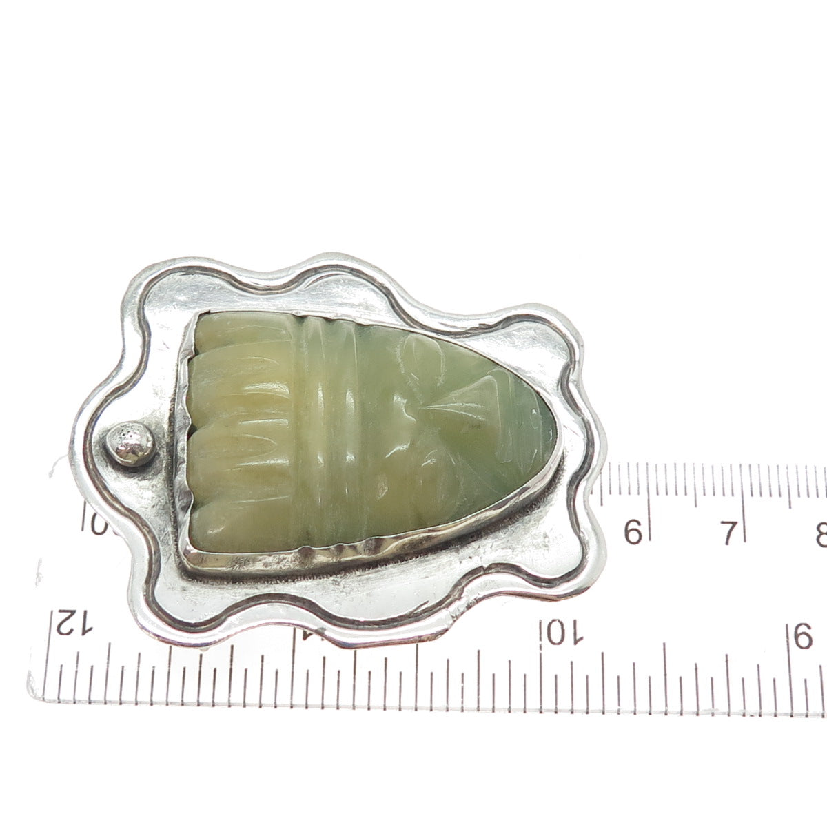 ELNA 925 Sterling Silver Vintage Mexico Real Jade Carved Mayan God Pin Brooch
